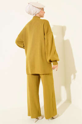 Balon Kol Balıkçı Yaka Triko İkili Takım Yağ Yeşili - İkili Takım