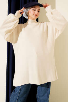 Balon Kol Balıkçı Yaka Triko Tunik Bej - NESSİA