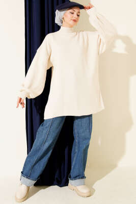 Balon Kol Balıkçı Yaka Triko Tunik Bej - Tunik