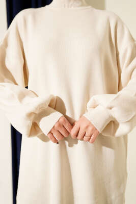 Balon Kol Balıkçı Yaka Triko Tunik Bej - Tunik