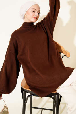 Balon Kol Balıkçı Yaka Triko Tunik Kahve - NESSİA