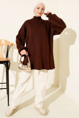 Balon Kol Balıkçı Yaka Triko Tunik Kahve - Tunik