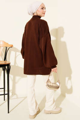 Balon Kol Balıkçı Yaka Triko Tunik Kahve - Tunik