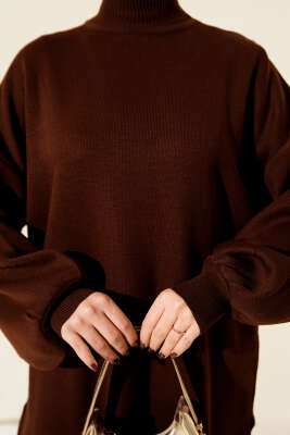 Balon Kol Balıkçı Yaka Triko Tunik Kahve - Tunik