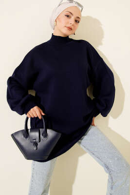Balon Kol Balıkçı Yaka Triko Tunik Lacivert - NESSİA
