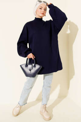 Balon Kol Balıkçı Yaka Triko Tunik Lacivert - Tunik