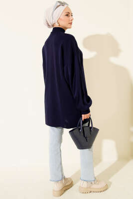 Balon Kol Balıkçı Yaka Triko Tunik Lacivert - Tunik