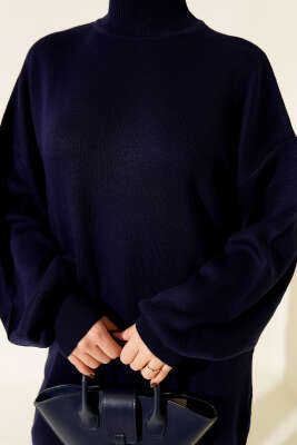 Balon Kol Balıkçı Yaka Triko Tunik Lacivert - Tunik