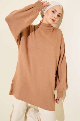 Balon Kol Balıkçı Yaka Triko Tunik Latte - NESSİA