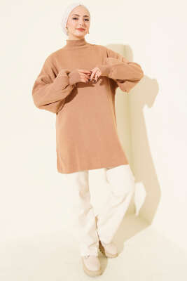 Balon Kol Balıkçı Yaka Triko Tunik Latte - Tunik