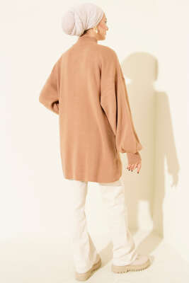 Balon Kol Balıkçı Yaka Triko Tunik Latte - Tunik