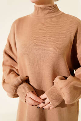 Balon Kol Balıkçı Yaka Triko Tunik Latte - Tunik