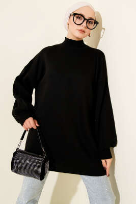 Balon Kol Balıkçı Yaka Triko Tunik Siyah - NESSİA