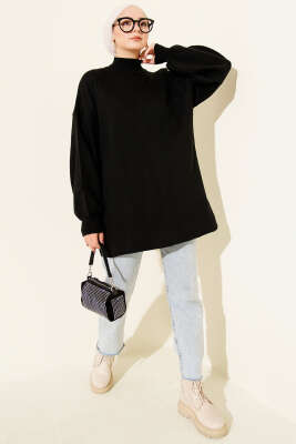 Balon Kol Balıkçı Yaka Triko Tunik Siyah - Tunik