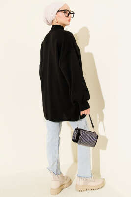 Balon Kol Balıkçı Yaka Triko Tunik Siyah - Tunik