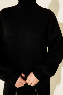 Balon Kol Balıkçı Yaka Triko Tunik Siyah - Tunik