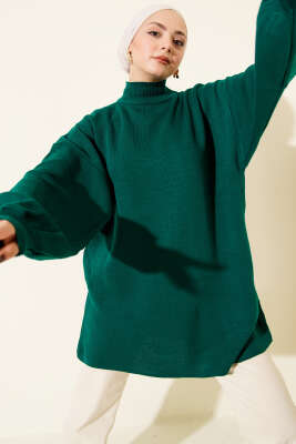 Balon Kol Balıkçı Yaka Triko Tunik Zümrüt Yeşili - NESSİA