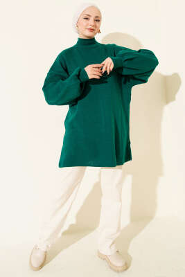 Balon Kol Balıkçı Yaka Triko Tunik Zümrüt Yeşili - Tunik