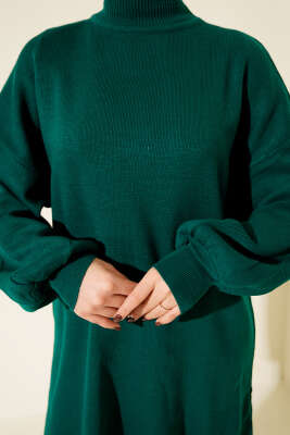 Balon Kol Balıkçı Yaka Triko Tunik Zümrüt Yeşili - Tunik