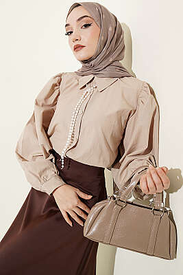 Balon Kol Basic Kısa Gömlek Bej - VAV TEKSTİL