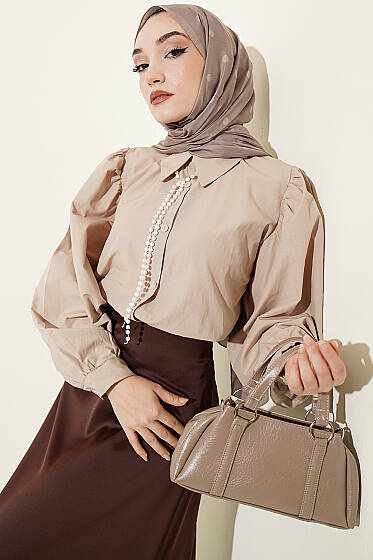 Balon Kol Basic Kısa Gömlek Bej - Gömlek