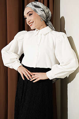 Balon Kol Basic Kısa Gömlek Ekru - VAV TEKSTİL