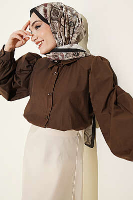 Balon Kol Basic Kısa Gömlek Kahve - VAV TEKSTİL