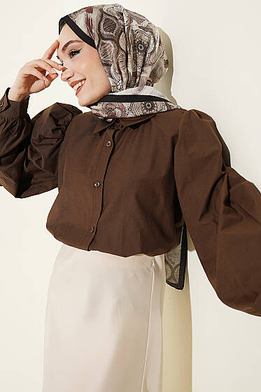 Balon Kol Basic Kısa Gömlek Kahve - Gömlek