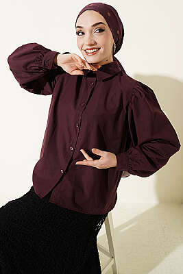 Balon Kol Basic Kısa Gömlek Mürdüm - VAV TEKSTİL