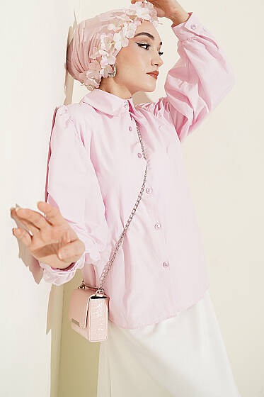 Balon Kol Basic Kısa Gömlek Pembe - Gömlek