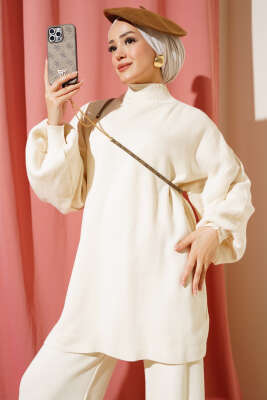 Balon Kol Basic Triko İkili Takım Bej - Triko İkili Takım