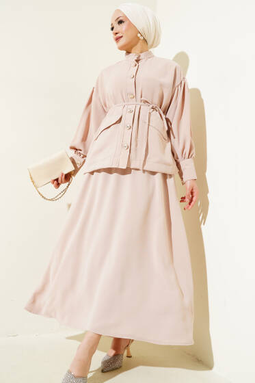 Balon Kol Bel İp Bağcıklı İkili Takım Bej - İkili Takım