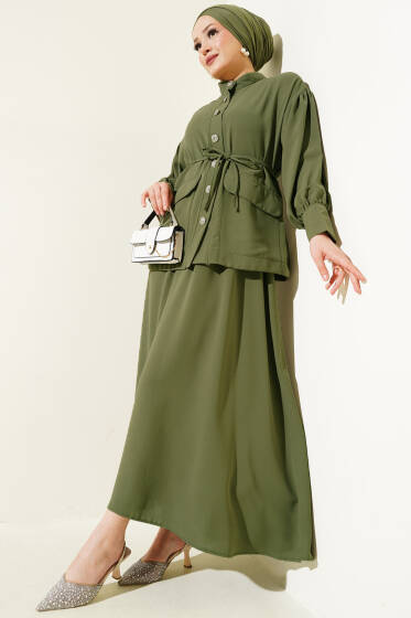 Balon Kol Bel İp Bağcıklı İkili Takım Haki - İkili Takım