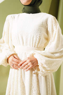 Balon Kol Bel Lastikli Dantel Elbise Bej - Elbise