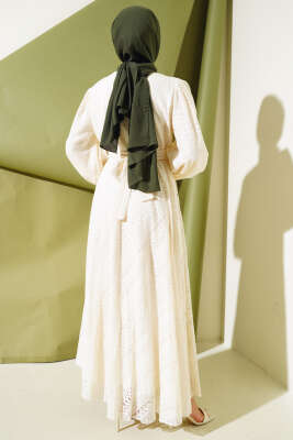 Balon Kol Bel Lastikli Dantel Elbise Bej - Elbise