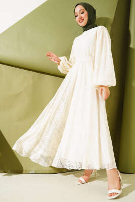 Balon Kol Bel Lastikli Dantel Elbise Bej - Elbise