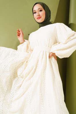 Balon Kol Bel Lastikli Dantel Elbise Bej - Elbise