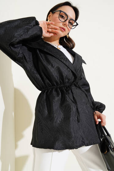 Balon Kol Bel Lastikli Jakar Ceket Siyah - Ceket