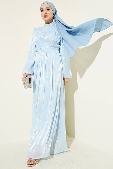 Balon Kol Beli Drapeli Abiye Elbise Bebe Mavi - Elbise