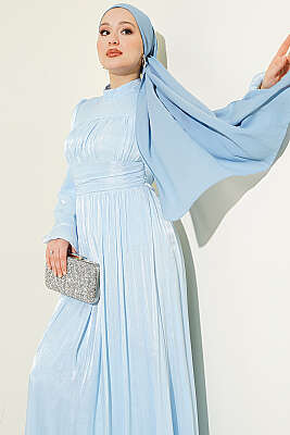 Balon Kol Beli Drapeli Abiye Elbise Bebe Mavi - Elbise