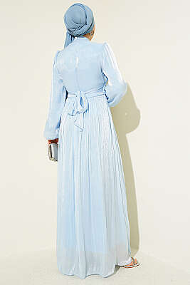 Balon Kol Beli Drapeli Abiye Elbise Bebe Mavi - Elbise