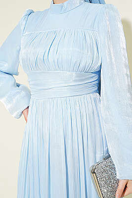 Balon Kol Beli Drapeli Abiye Elbise Bebe Mavi - Elbise