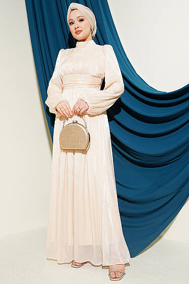 Balon Kol Beli Drapeli Abiye Elbise Bej - Elbise