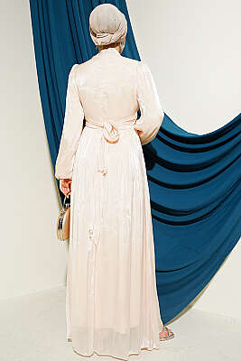 Balon Kol Beli Drapeli Abiye Elbise Bej - Elbise