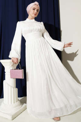 Balon Kol Beli Drapeli Abiye Elbise Beyaz - BERAT TEKSTİL