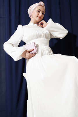 Balon Kol Beli Drapeli Abiye Elbise Beyaz - Elbise