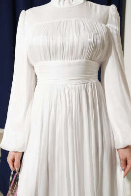 Balon Kol Beli Drapeli Abiye Elbise Beyaz - Elbise