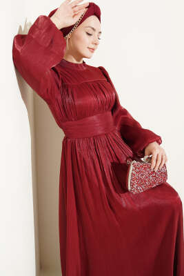 Balon Kol Beli Drapeli Abiye Elbise Bordo - BERAT TEKSTİL