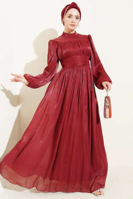 Balon Kol Beli Drapeli Abiye Elbise Bordo - Elbise