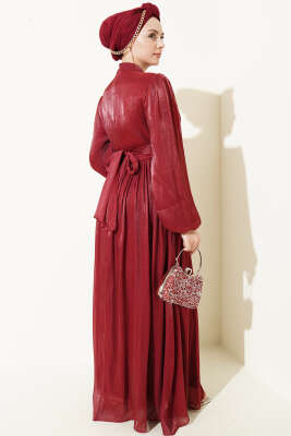 Balon Kol Beli Drapeli Abiye Elbise Bordo - Elbise